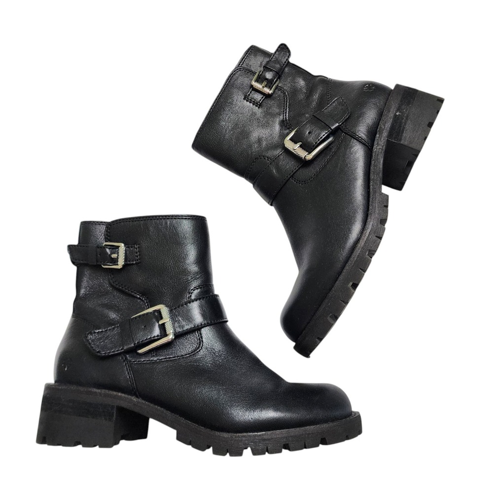 Lucky Brand Womens Taini Biker Boot Size 8 Black Leather Moto Lug Sole